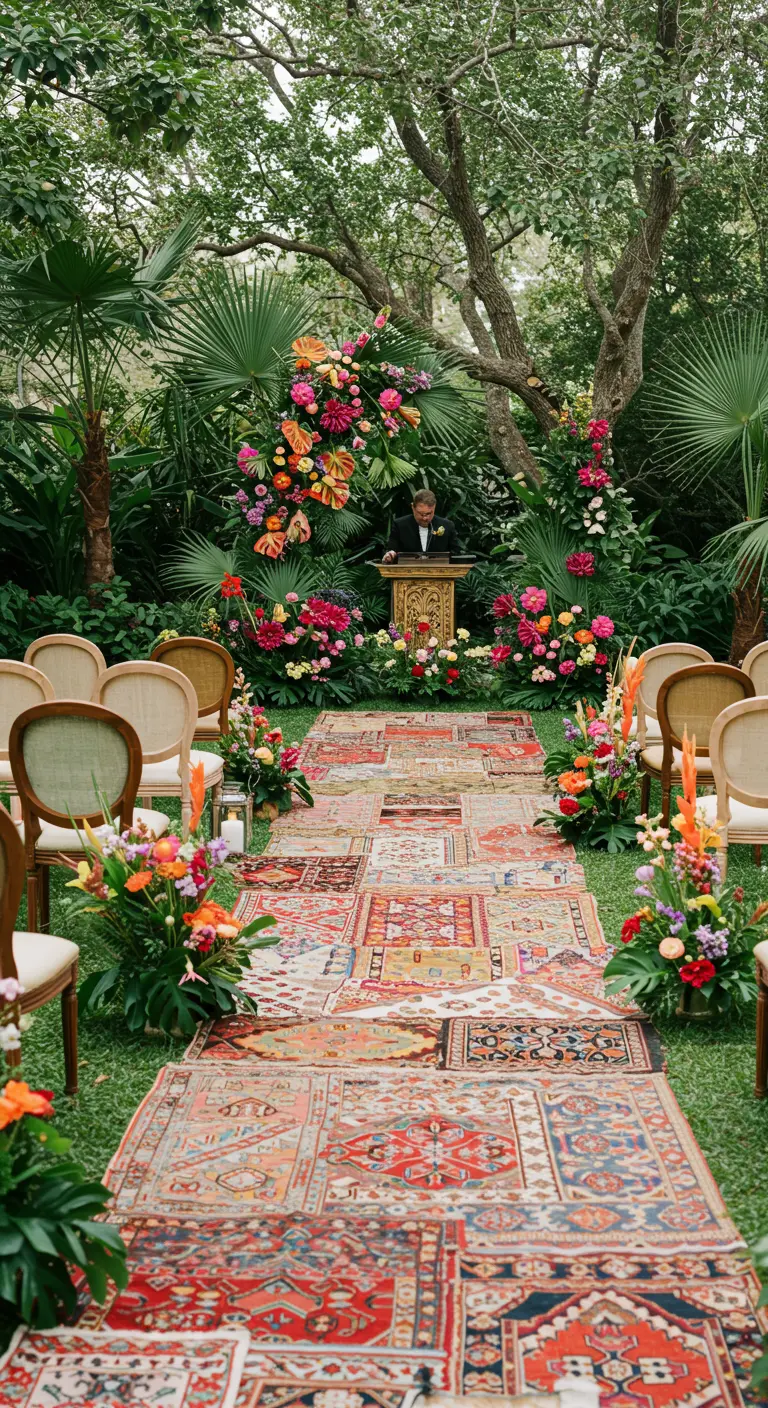 Pasillo de boda en un jardín exuberante, creado con varias alfombras orientales superpuestas.
