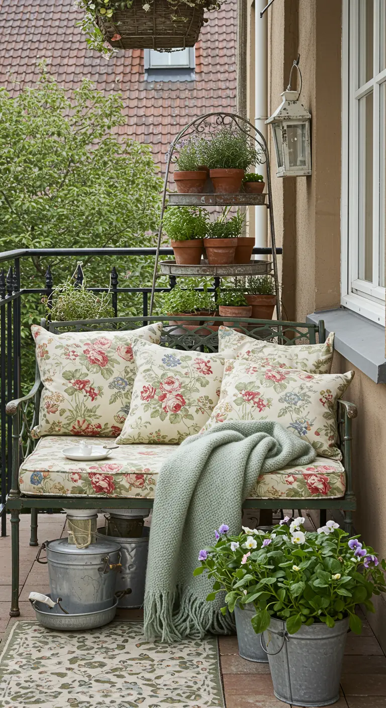 Balcón con banco de forja, cojines florales y macetas de zinc con flores.