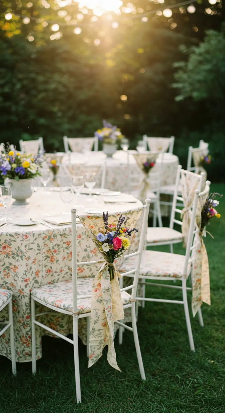 Sillas blancas de jardín con tela floral a juego y ramos de flores.