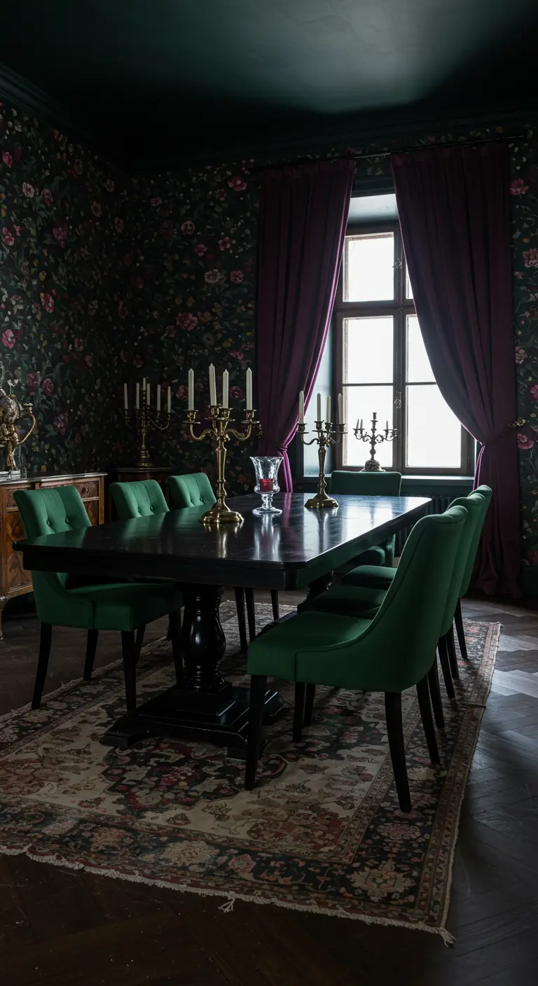 Comedor dramático con papel pintado floral oscuro, cortinas moradas y sillas de terciopelo verde.