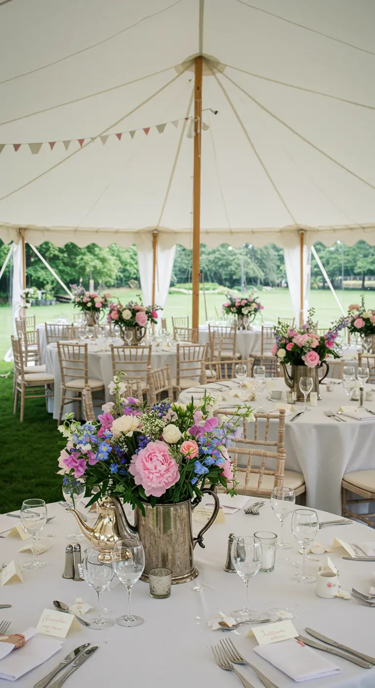 Mesa de boda en una carpa con arreglos florales de estilo campestre en una tetera de plata.