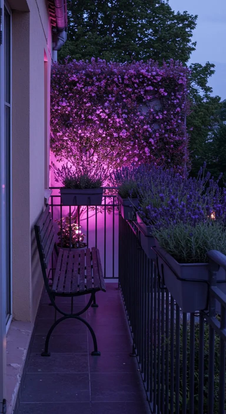 Balcón con una pared de flores iluminada con una luz de color púrpura intenso.