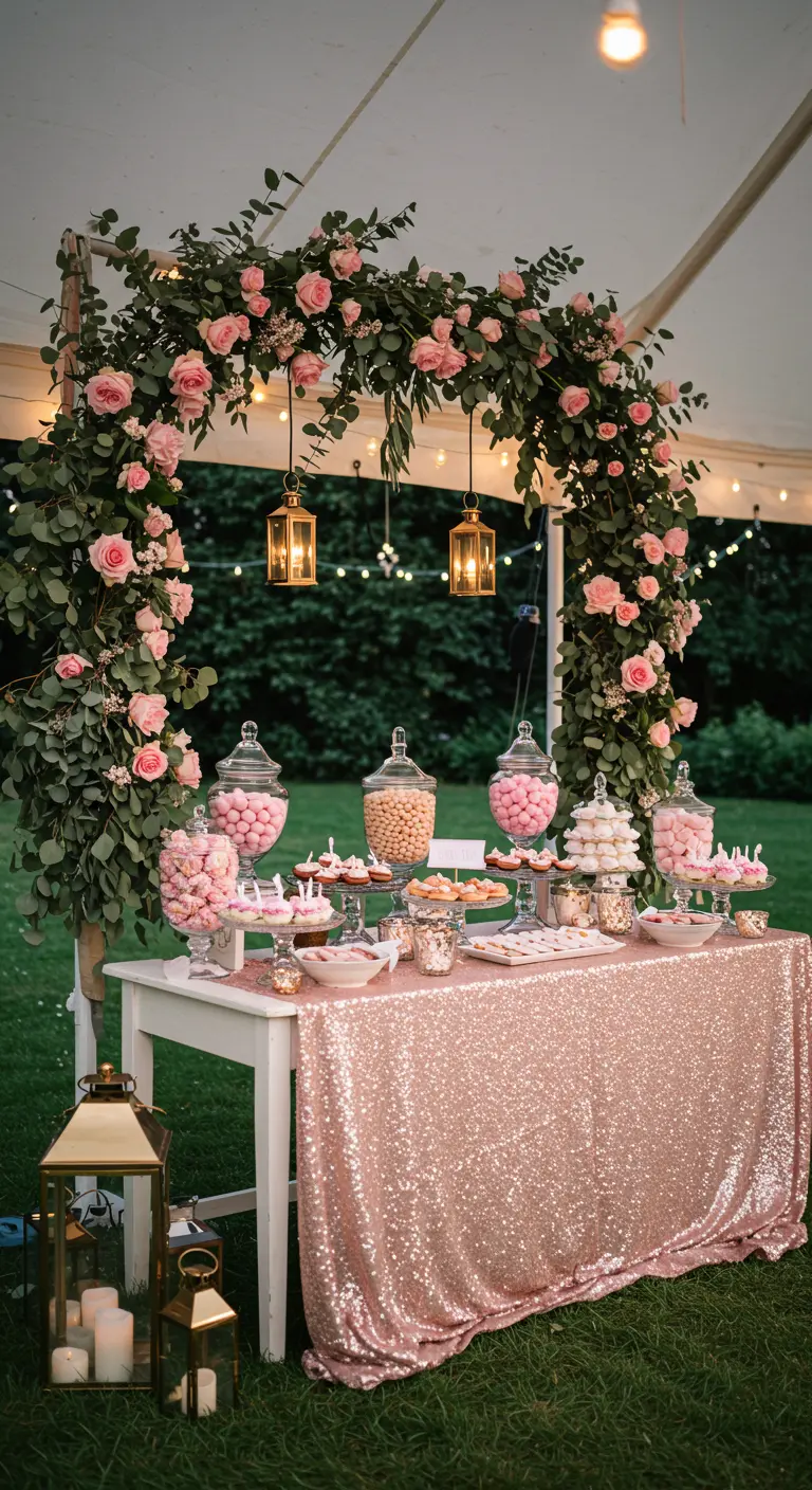 Candy bar en un jardín con mantel de lentejuelas oro rosa y un arco de flores.