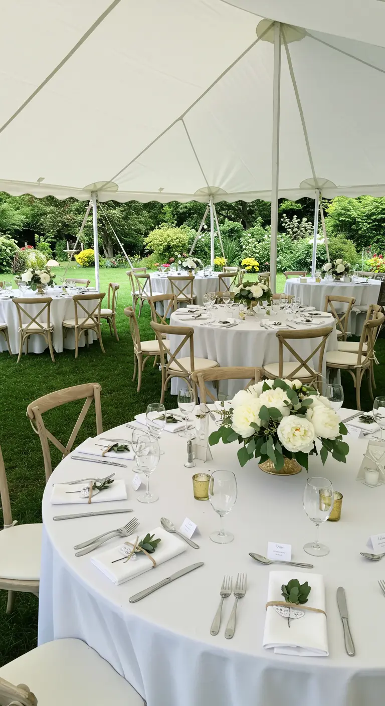 Mesa redonda en un jardín bajo una carpa, con servilletas atadas con eucalipto y flores blancas.