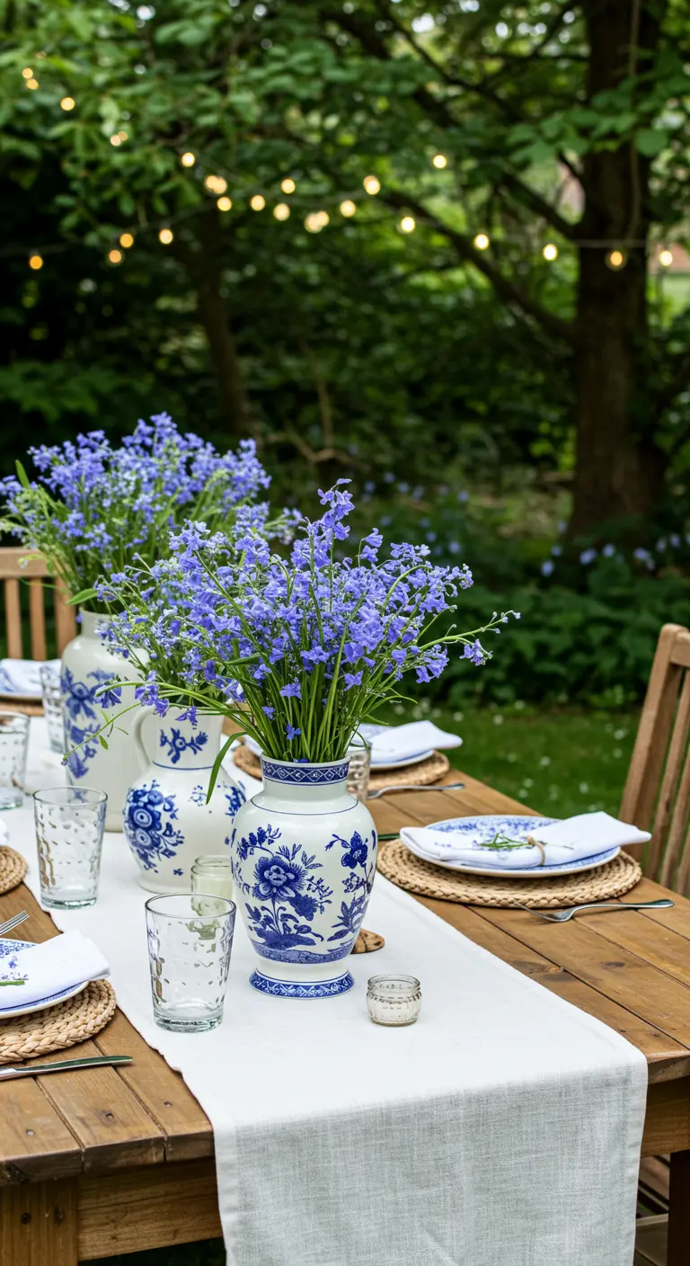 Mesa de madera en un jardín con jarrones de porcelana azul y blanca llenos de flores.
