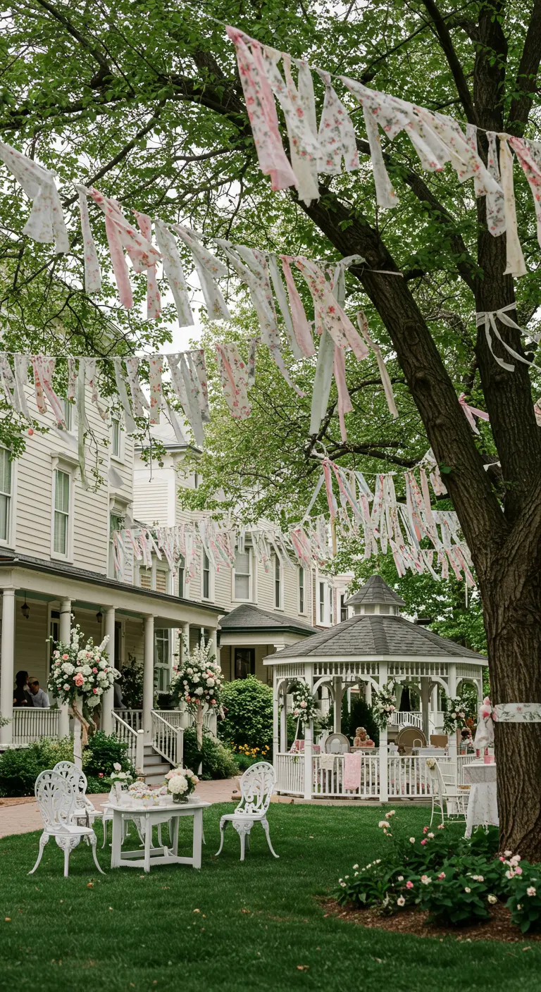 Jardín con cintas de tela de estampado floral atadas a cuerdas entre los árboles.
