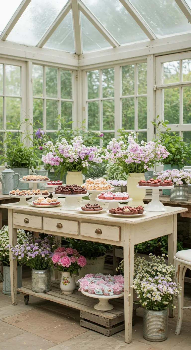 Mesa de dulces en un invernadero lleno de flores rosas y blancas.
