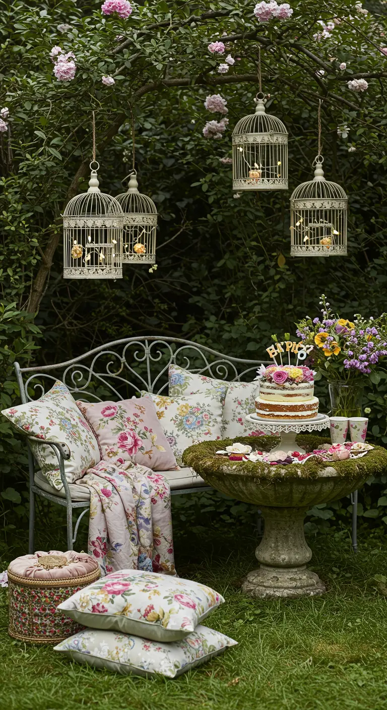 Banco de jardín con cojines florales y jaulas de pájaros decorativas con luces.