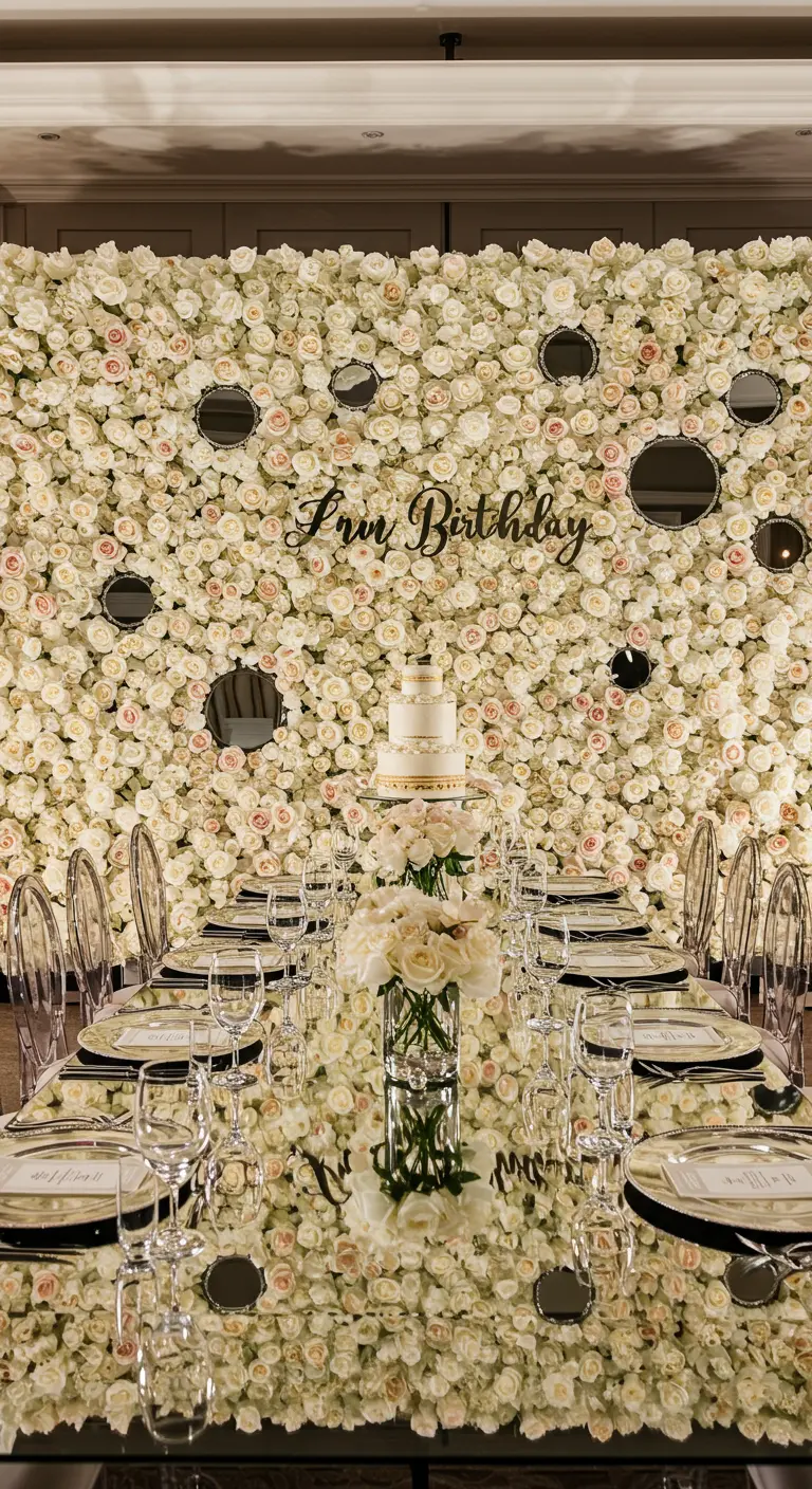 Pared de rosas blancas con pequeños espejos redondos incrustados, detrás de una mesa de comedor.