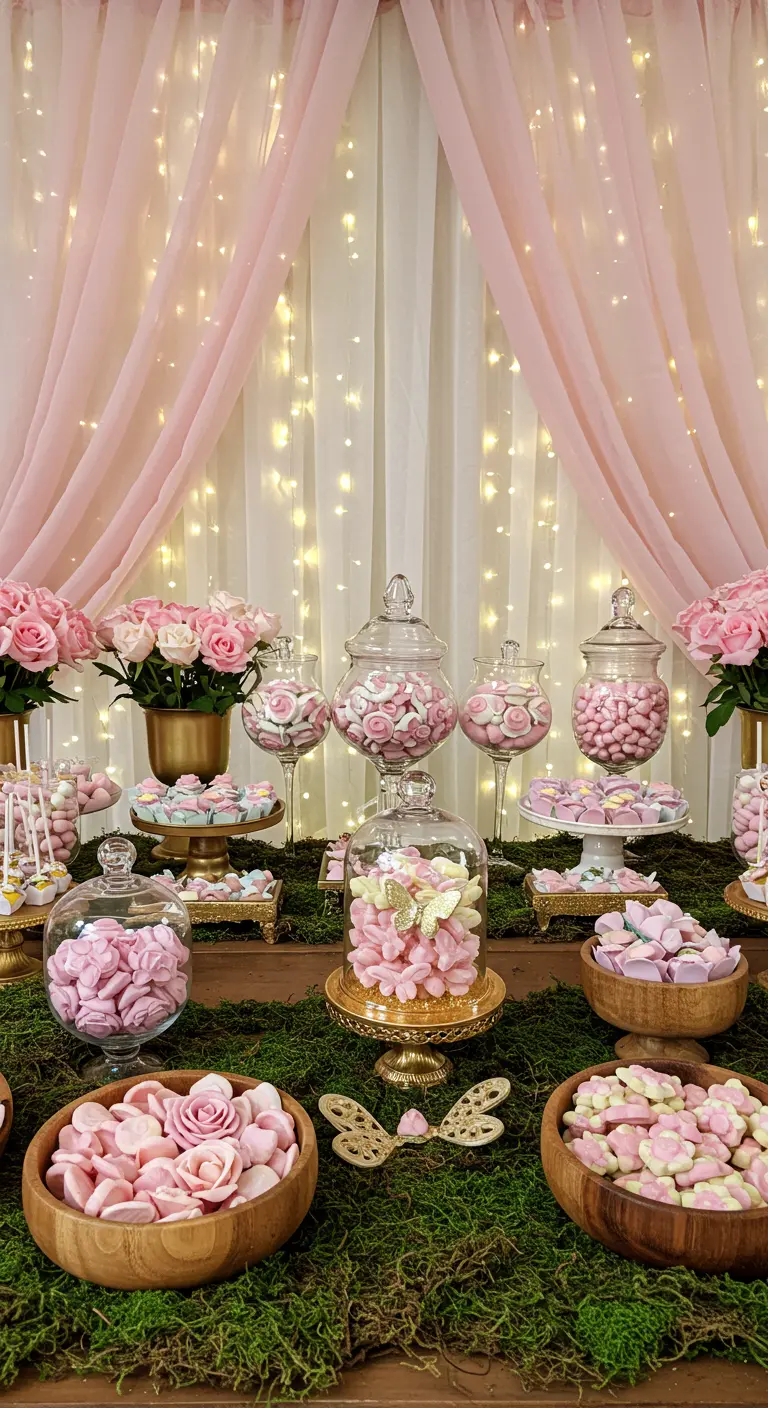 Candy bar con temática de bosque encantado, musgo, recipientes de madera y luces cálidas.