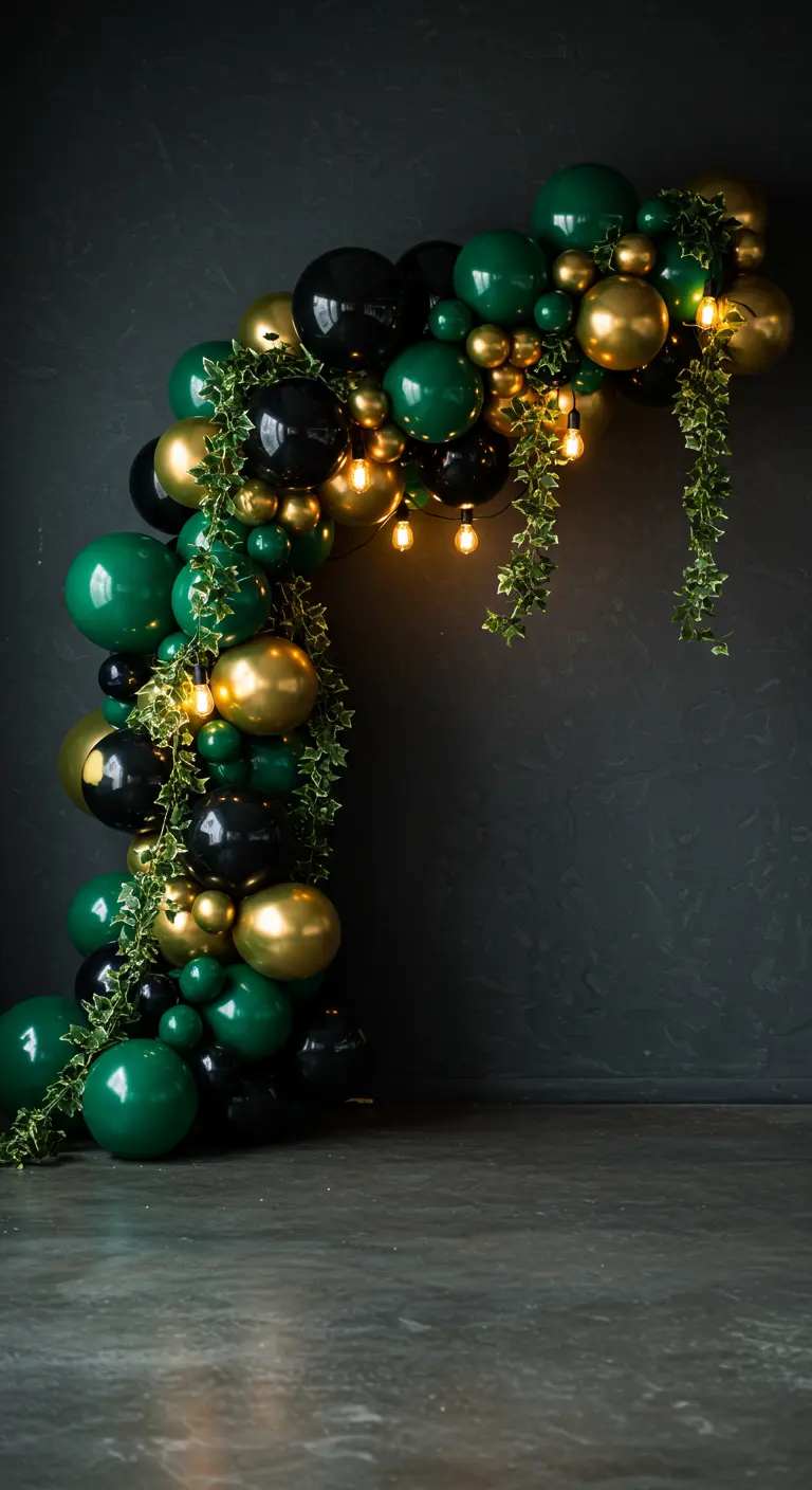 Arco de globos verde esmeralda, negro y dorado, entrelazado con hiedra y luces cálidas.