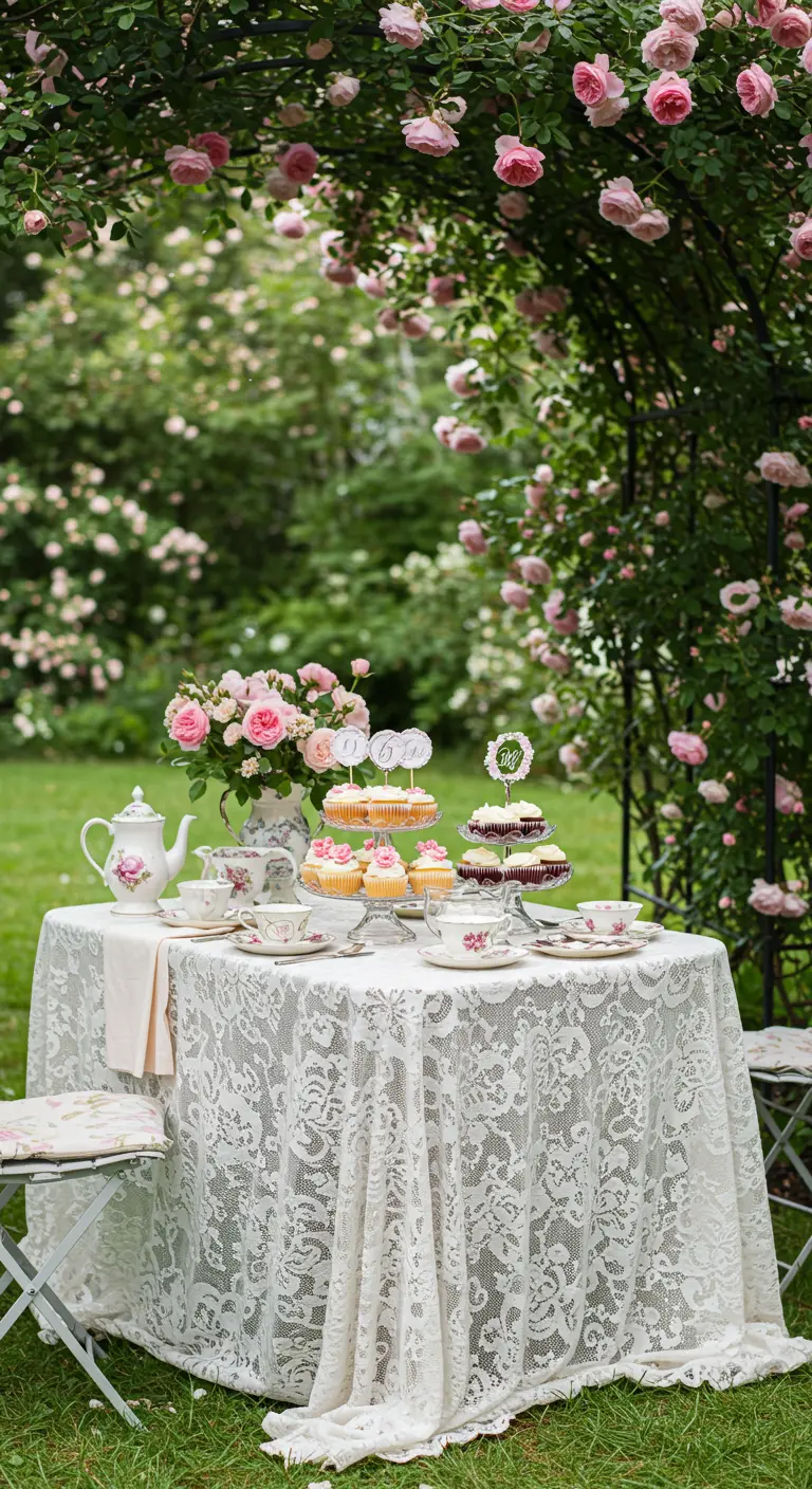 Elegante fiesta de té en un jardín de rosas con un mantel de encaje y cupcakes.