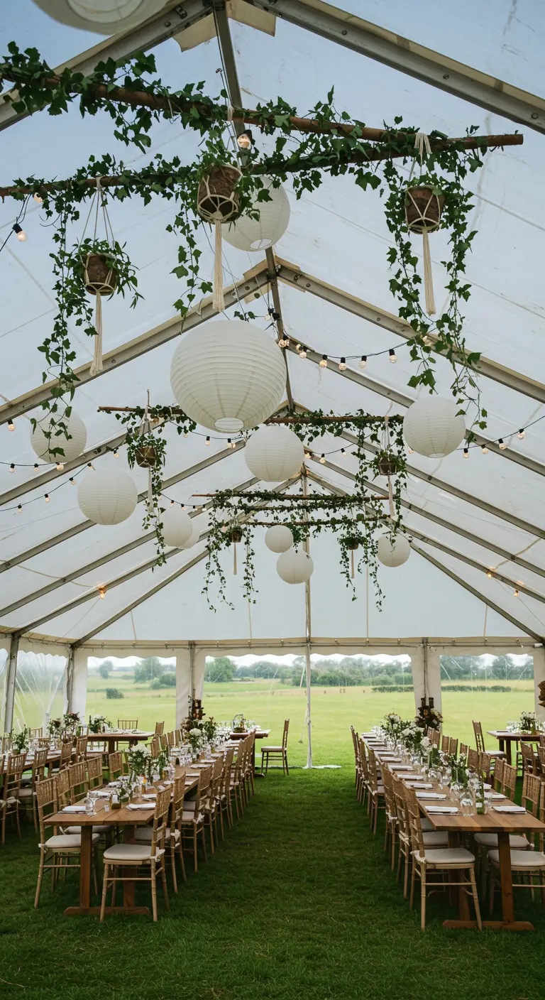 Interior de una carpa de bodas con lámparas de papel, luces y vegetación colgante.