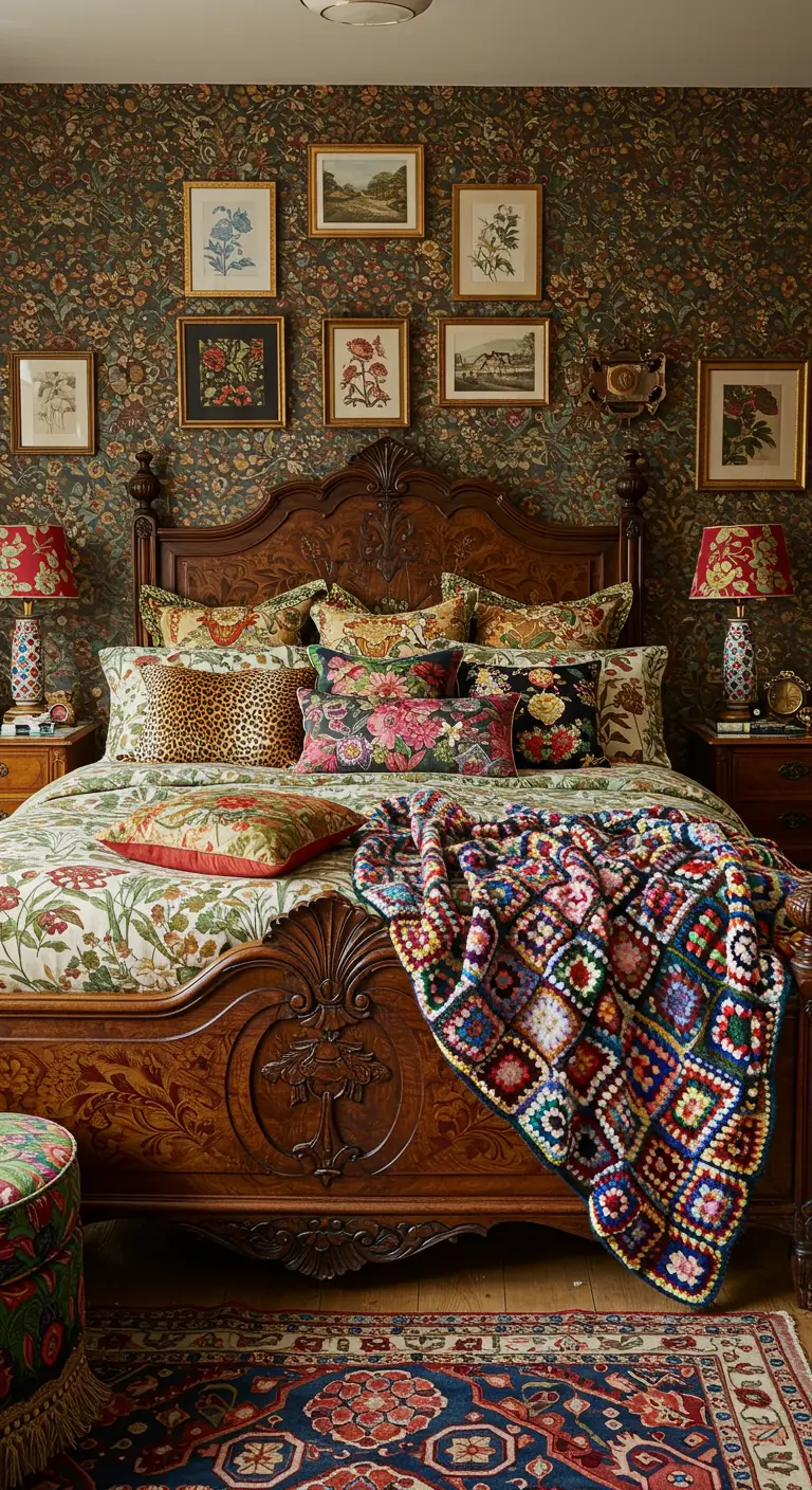 Dormitorio maximalista con papel pintado floral, cojines estampados y manta de ganchillo.