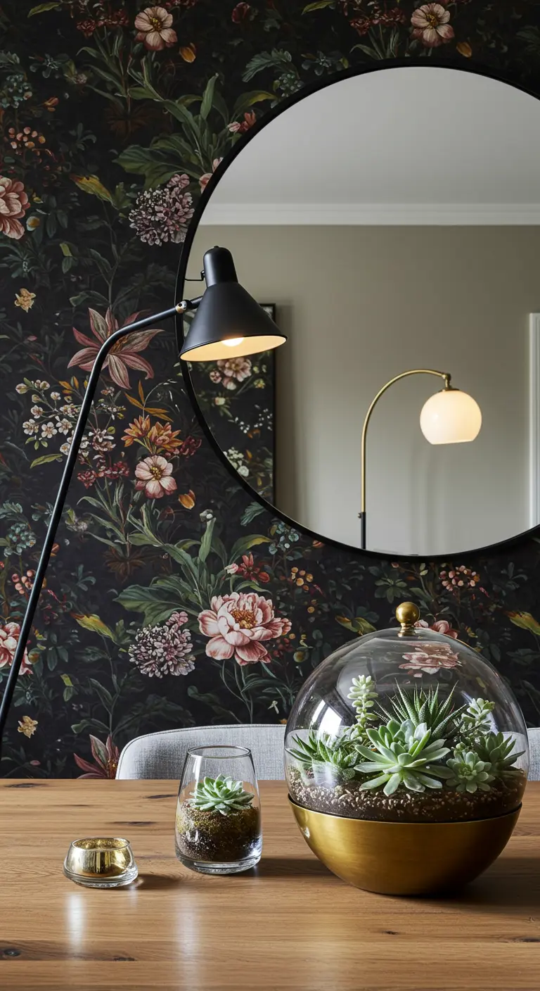 Comedor con pared de papel pintado floral oscuro y un gran espejo redondo sin marco