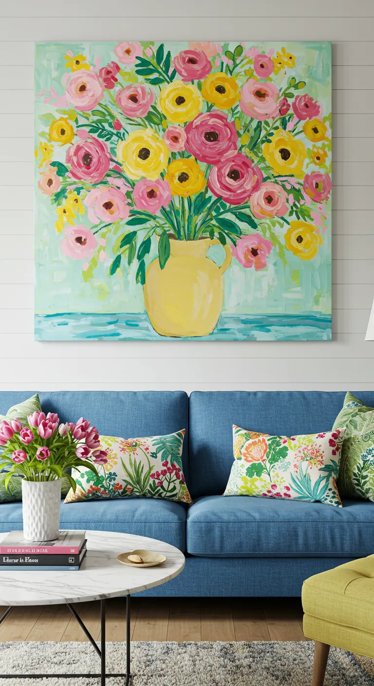 Sala de estar con sofá azul y un gran cuadro de un jarrón con flores de colores.