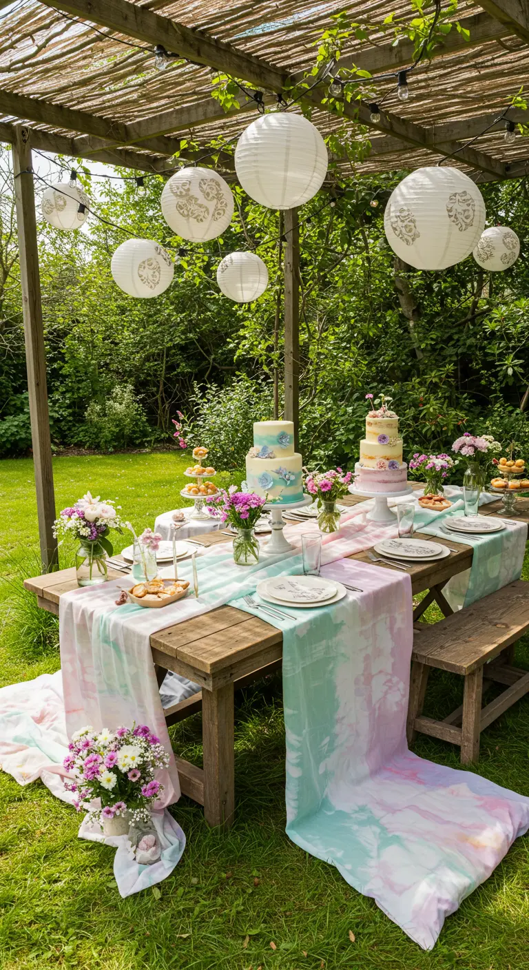 Mesa de cumpleaños en un jardín bajo una pérgola, con farolillos de papel.
