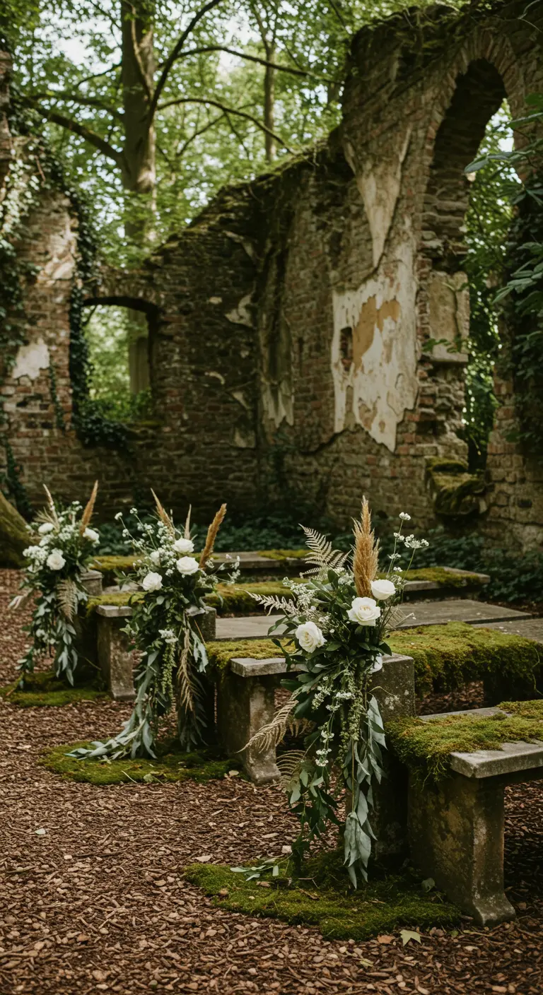 Bancos de piedra en ruinas con arreglos de rosas blancas, helechos y musgo.