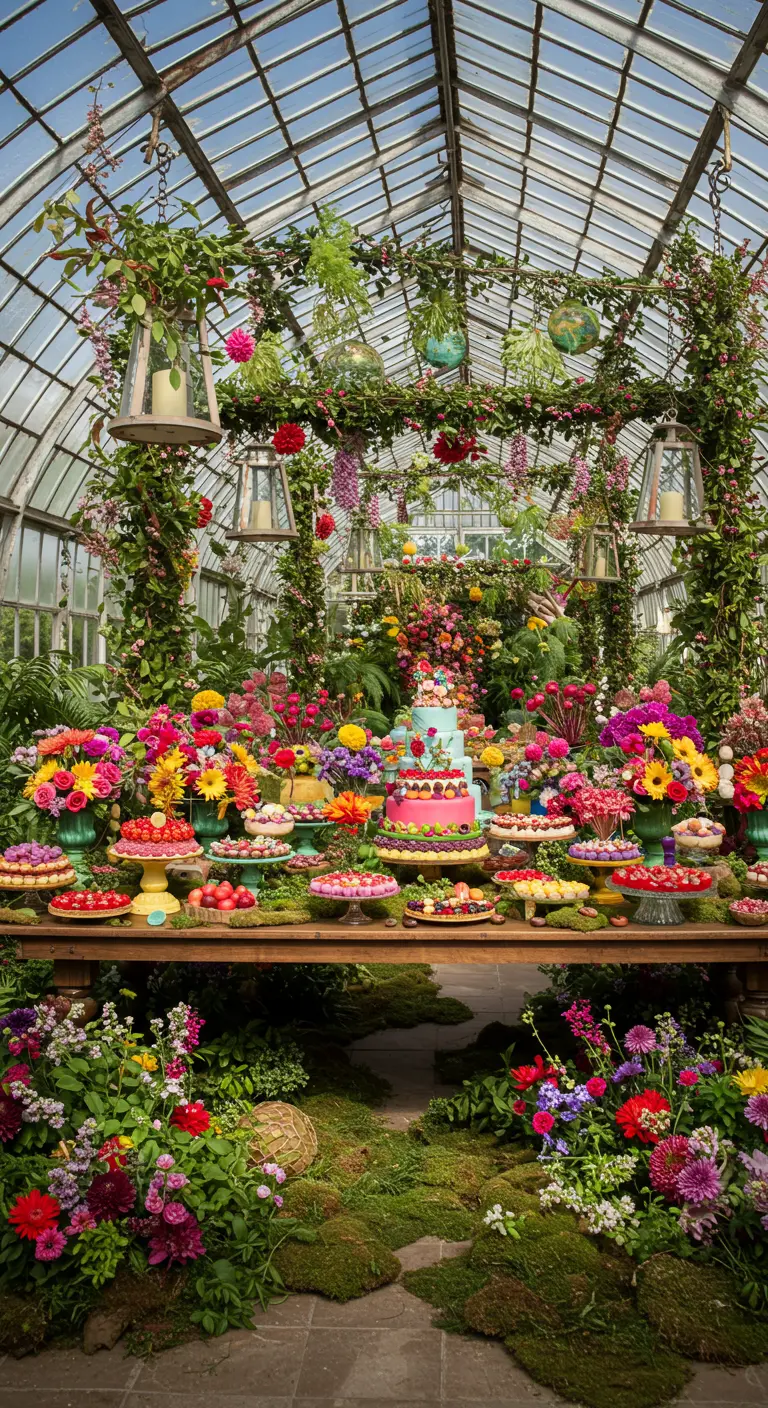 Exuberante mesa de dulces dentro de un invernadero, rodeada de flores y plantas por todas partes.