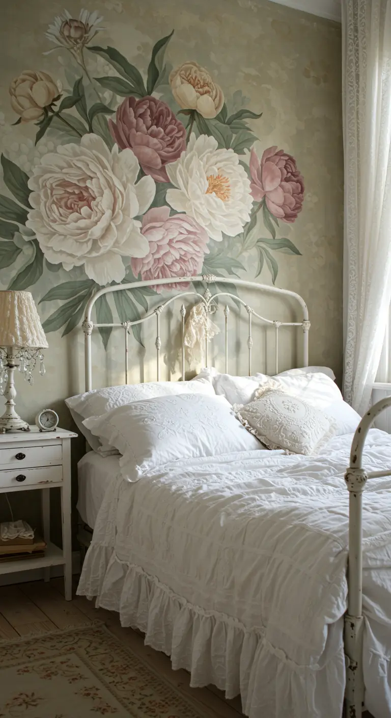 Mural de peonías gigantes en tonos pastel en un dormitorio de estilo shabby chic.