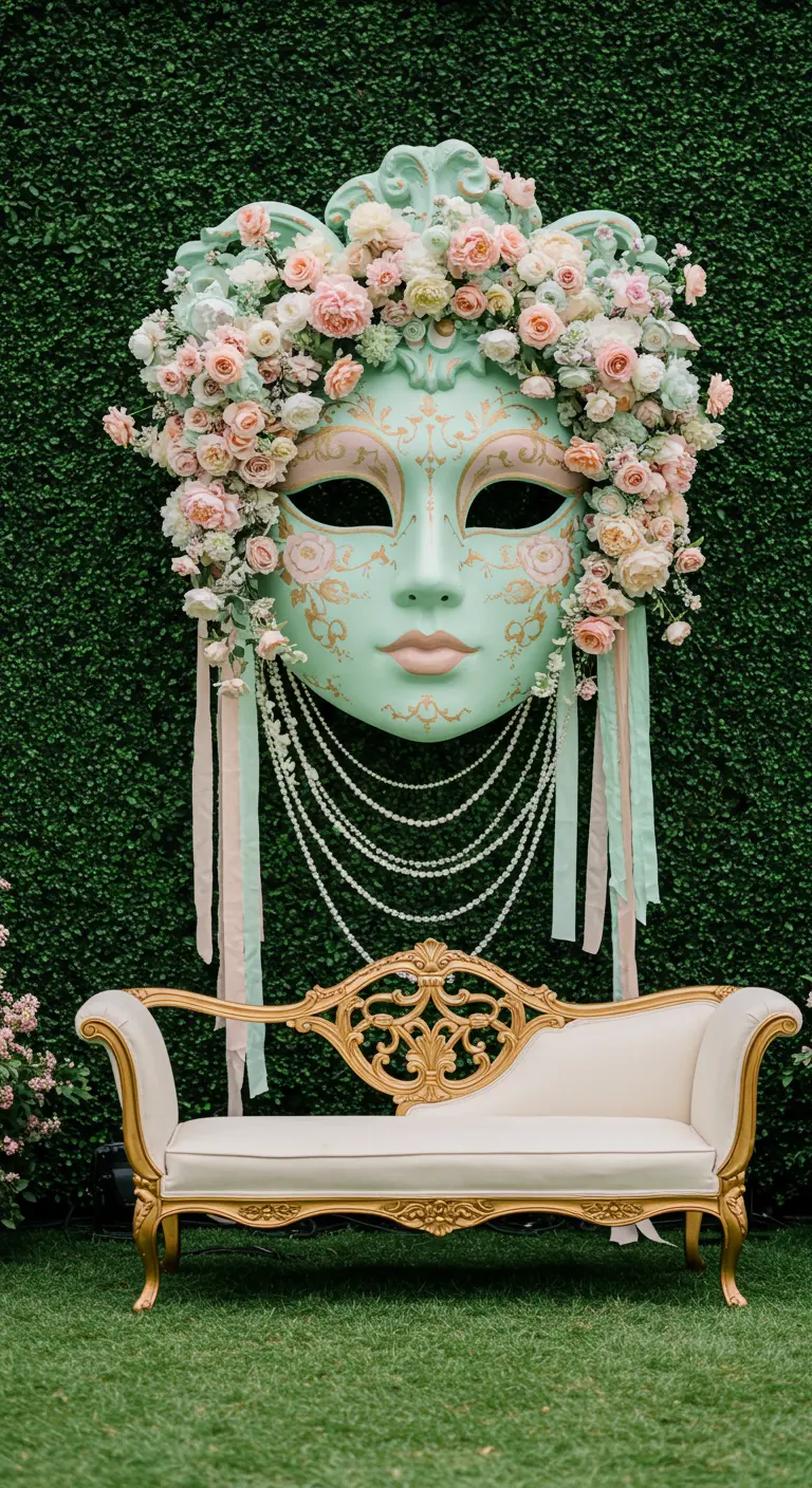 Máscara veneciana verde menta sobre un muro de boj, coronada de flores y con un diván delante.