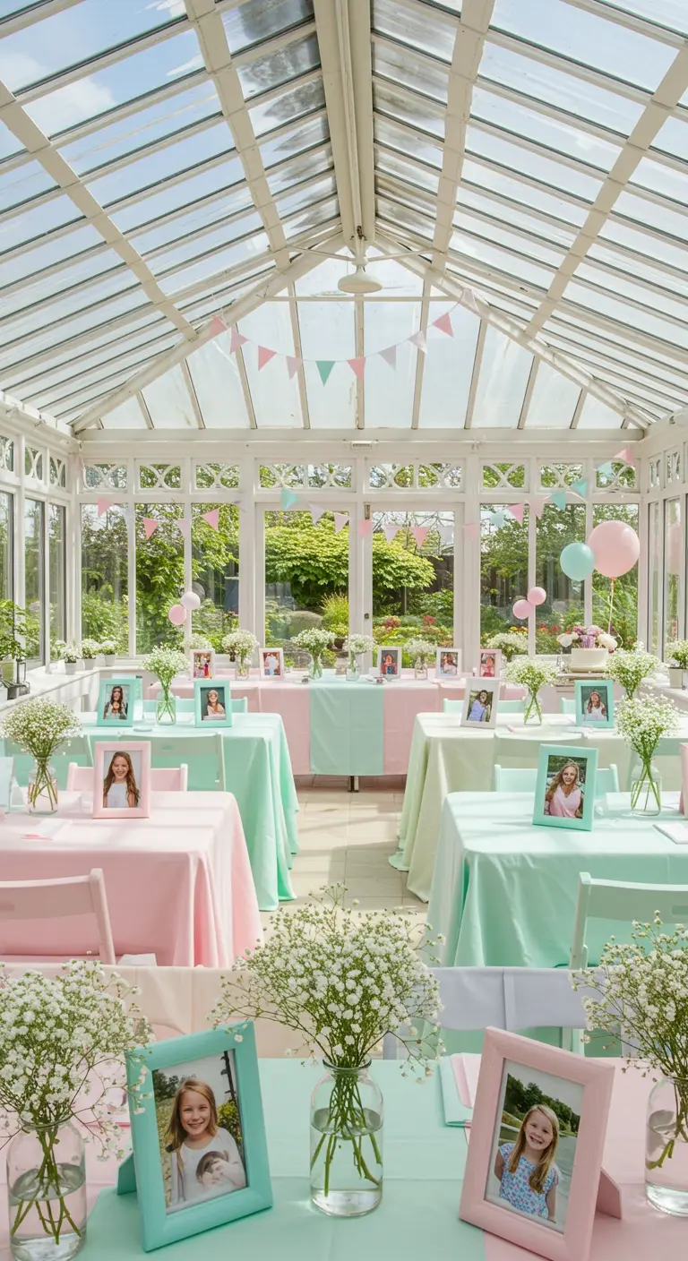 Mesas con manteles rosa y menta en un invernadero, decoradas con fotos en marcos a juego.