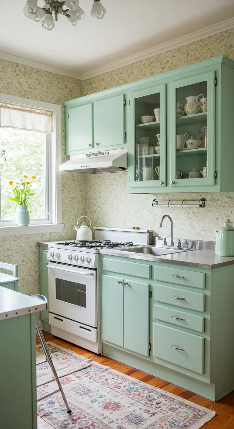 Cocina menta con papel tapiz floral y armarios con puertas de cristal.