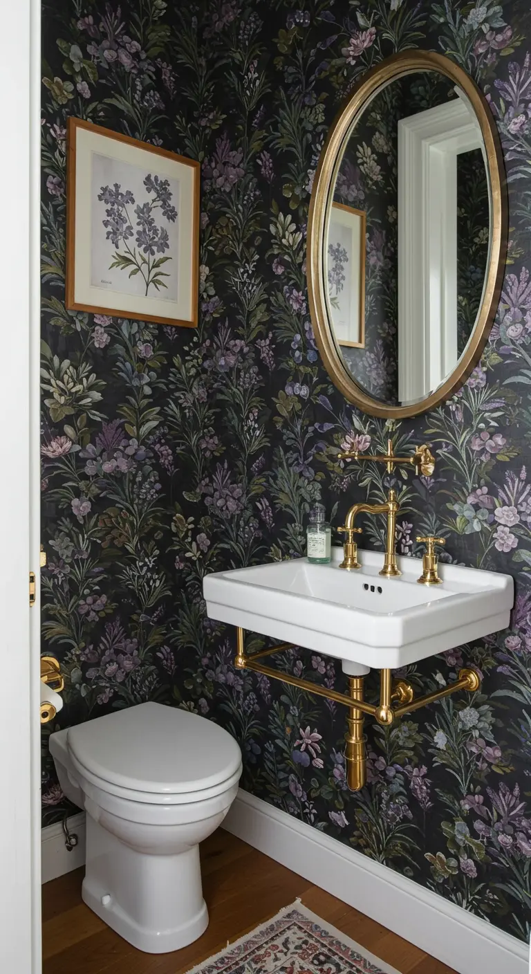 Aseo pequeño con papel pintado floral oscuro, lavabo blanco y grifería dorada