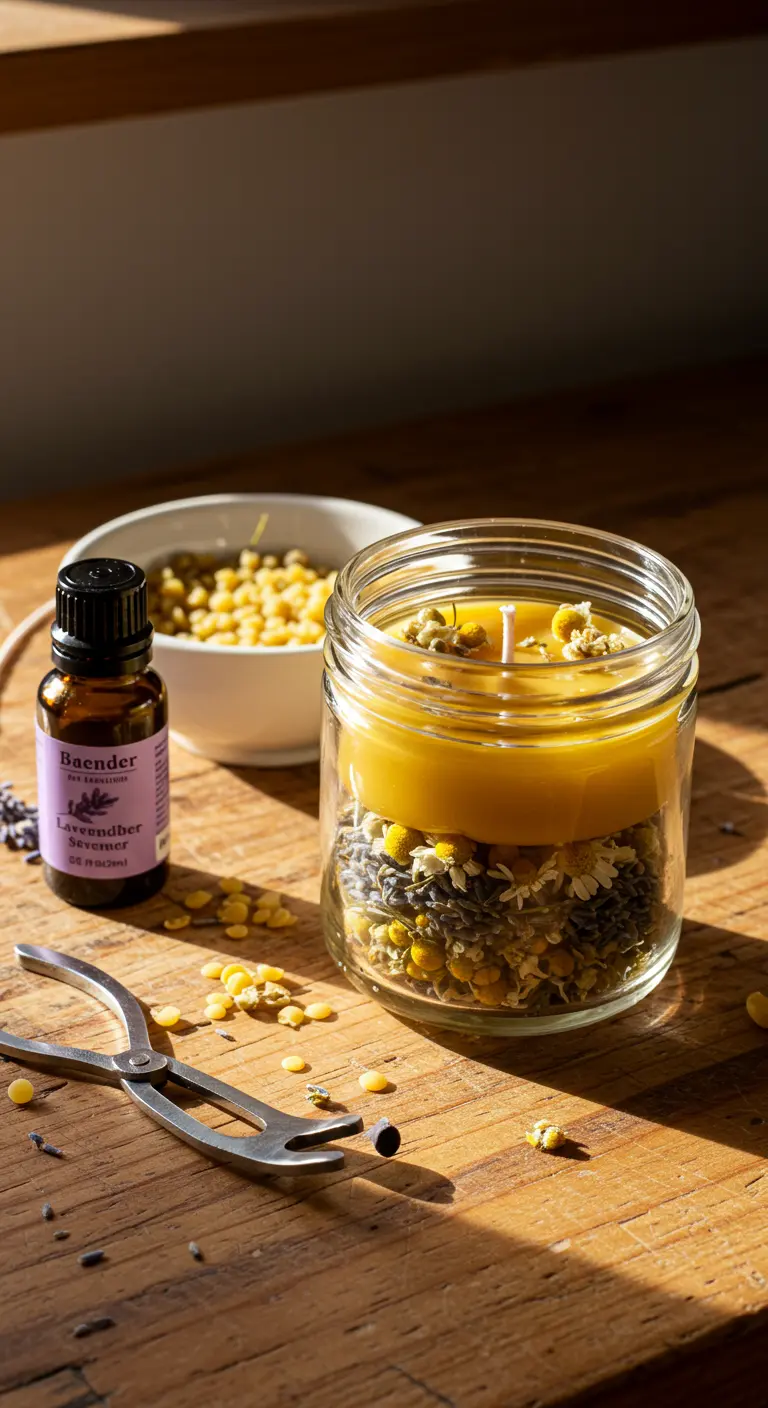 Vela casera de cera de abeja en tarro de cristal con lavanda y manzanilla seca en la base.