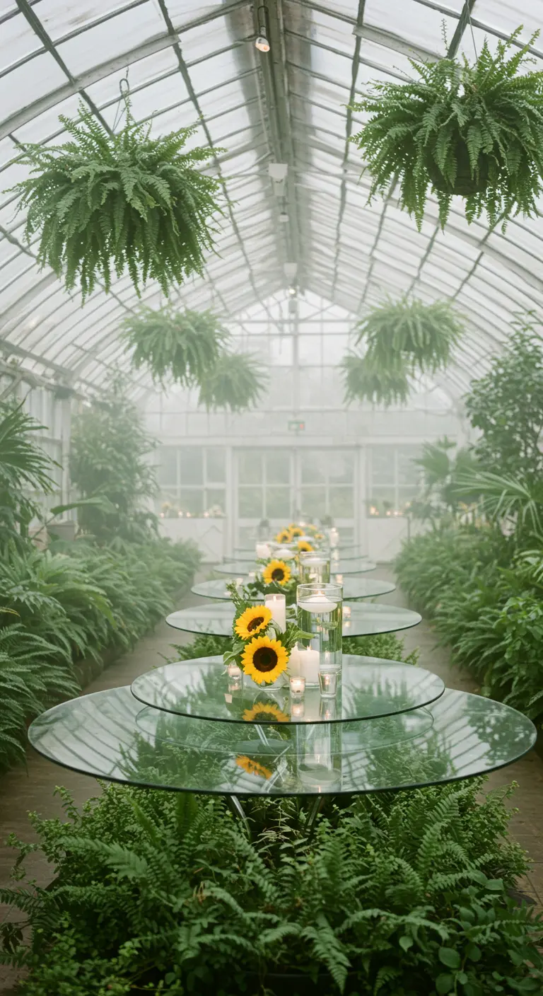 Invernadero con mesas de cristal, girasoles sumergidos en agua y velas flotantes.