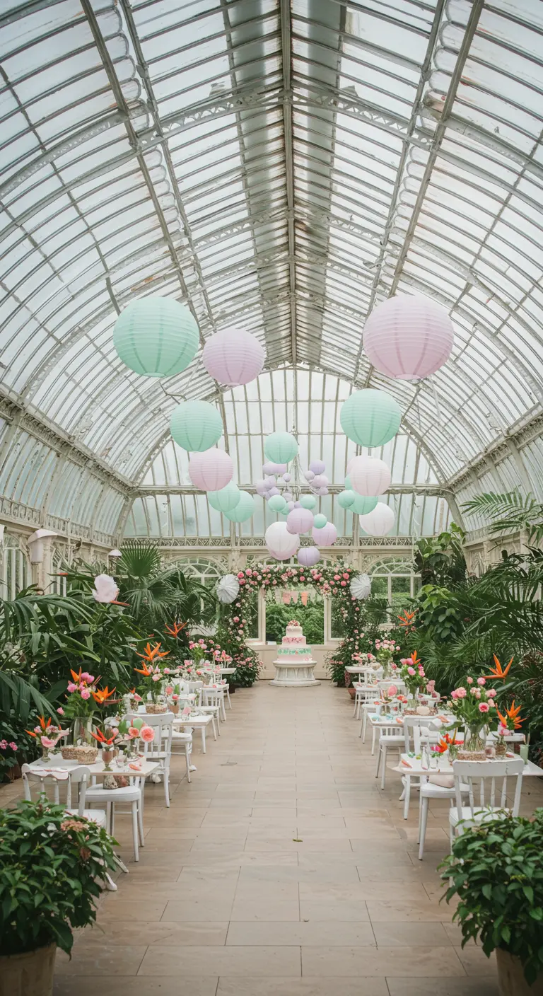 Invernadero de cristal decorado con lámparas de papel en tonos pastel para una fiesta.