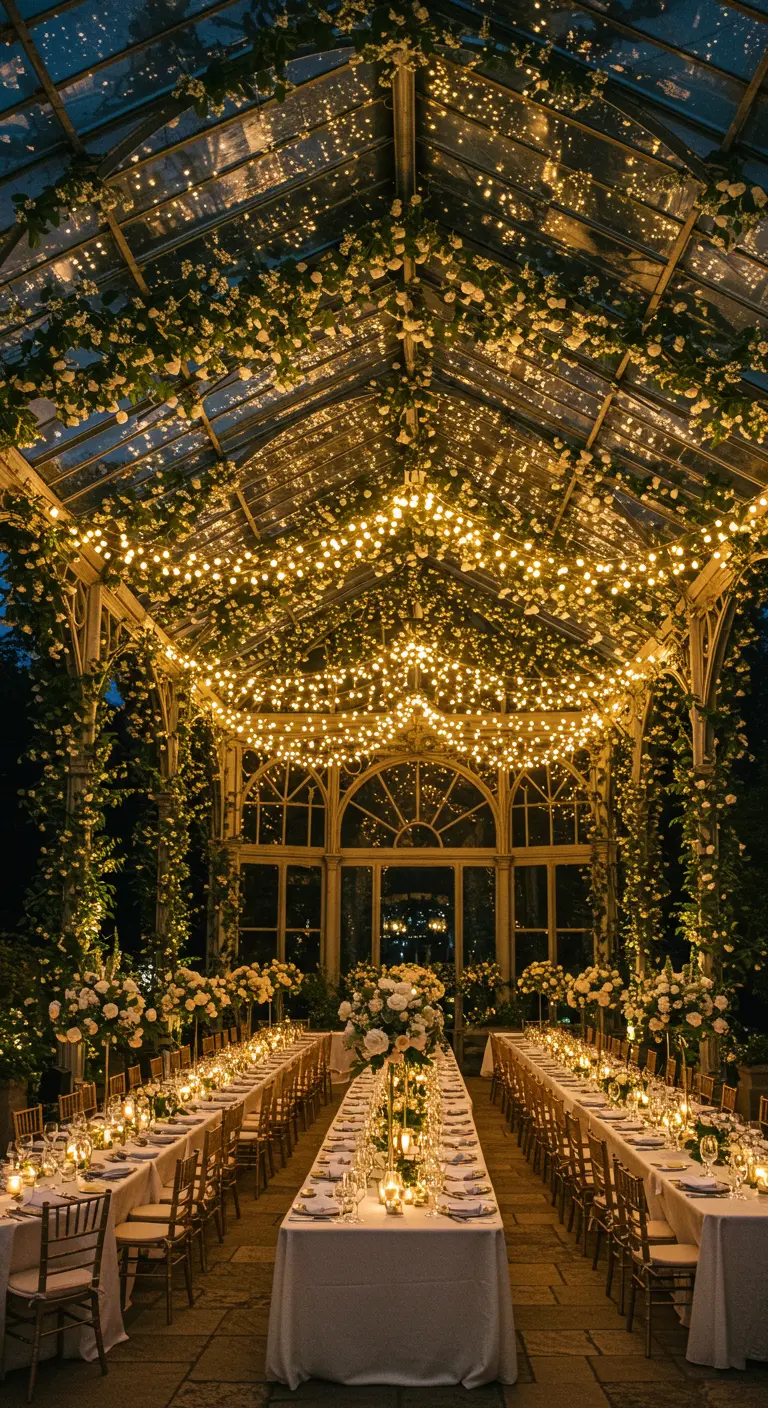 Boda nocturna en un invernadero antiguo con el techo cubierto de luces y flores blancas.