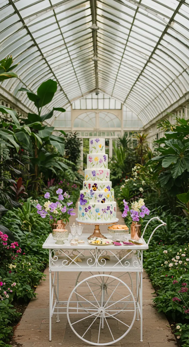 Pastel de bodas alto con flores de pensamiento pintadas en un invernadero.