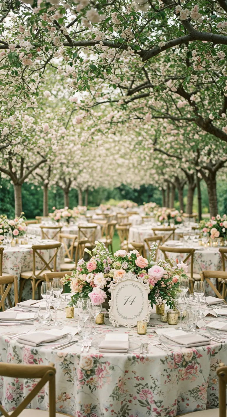 Mesa de jardín con mantel floral y un número de mesa enmarcado con flores.