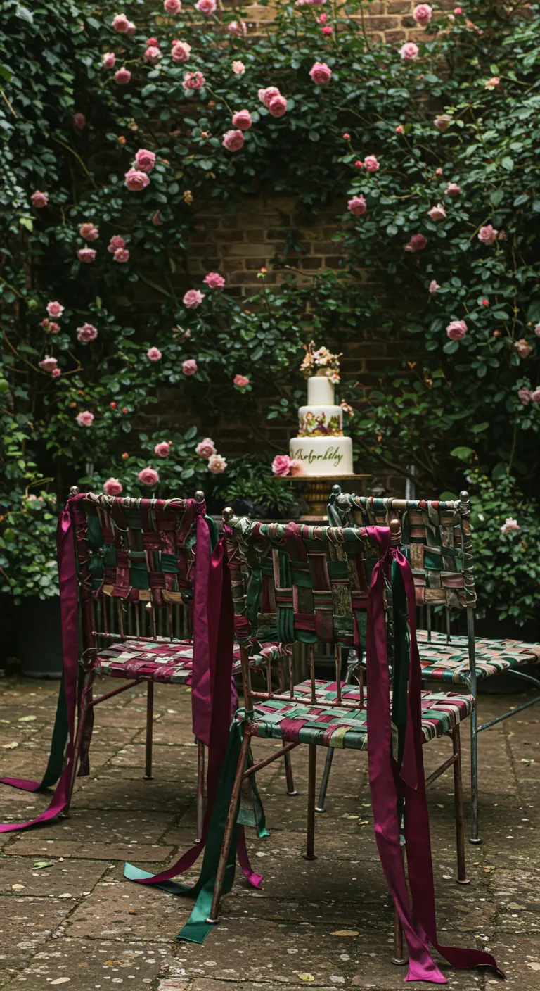 Sillas de metal con respaldos y asientos tejidos con cintas de colores verde y fucsia.