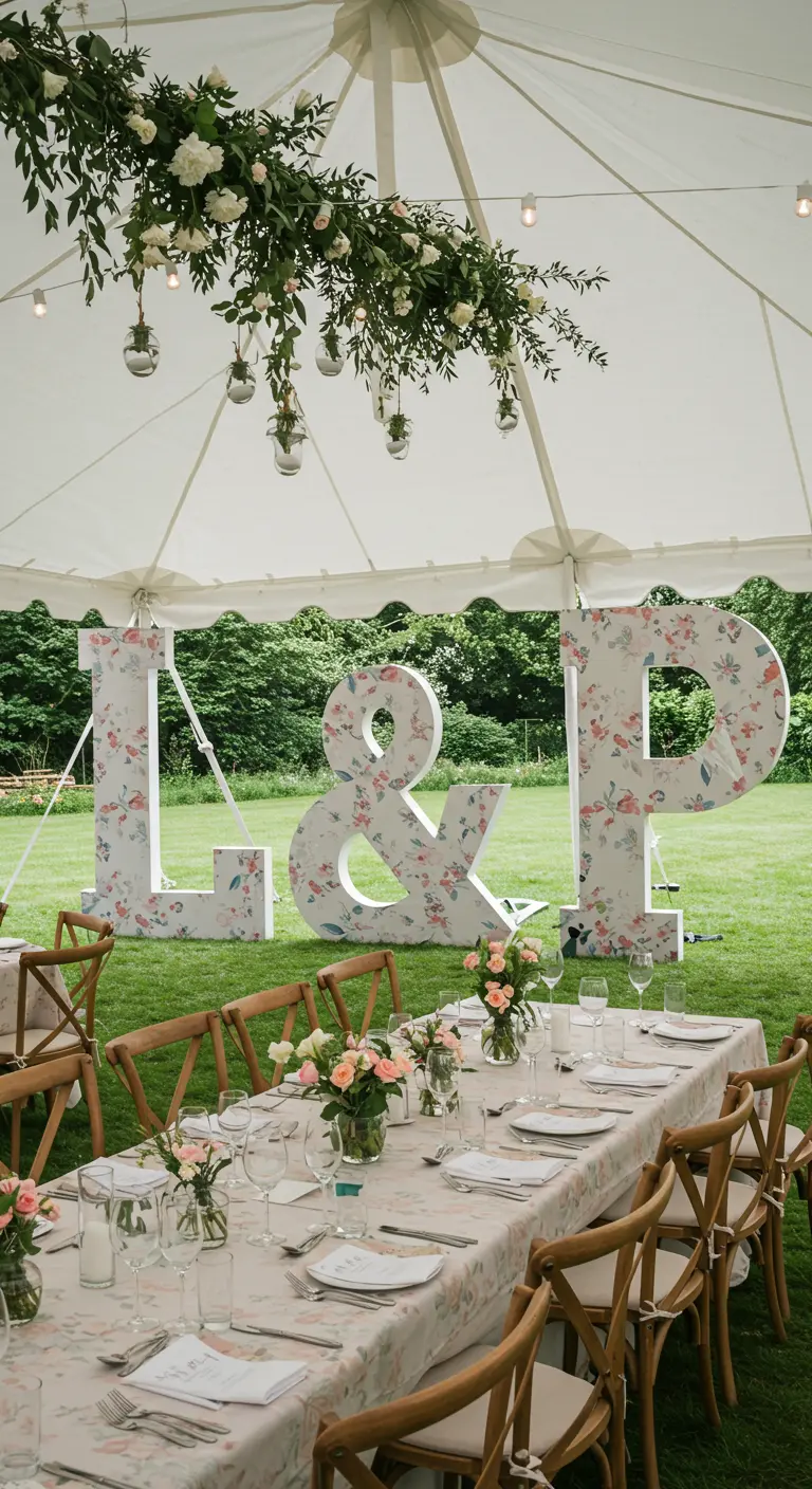 Letras gigantes 'L & P' cubiertas con un delicado papel pintado floral en una boda en el jardín.