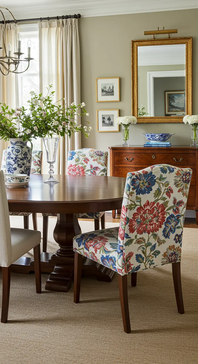 Comedor tradicional con sillas tapizadas en diferentes telas florales que combinan en color.