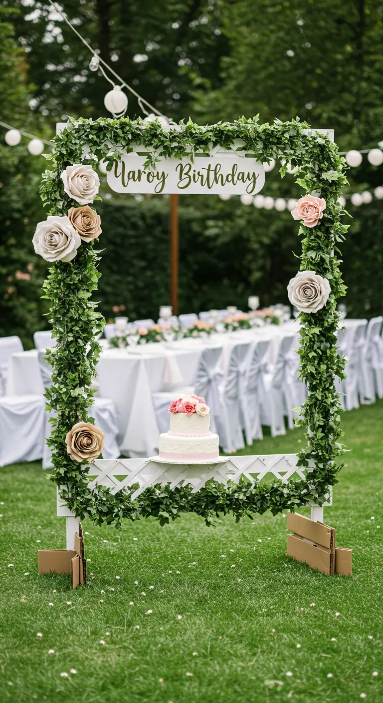Marco de photocall de enrejado blanco con flores de papel y hiedra en una fiesta en el jardín.