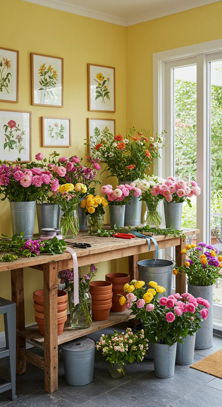 Rincón para arreglos florales con paredes amarillas, ilustraciones botánicas y cubos llenos de flores frescas.