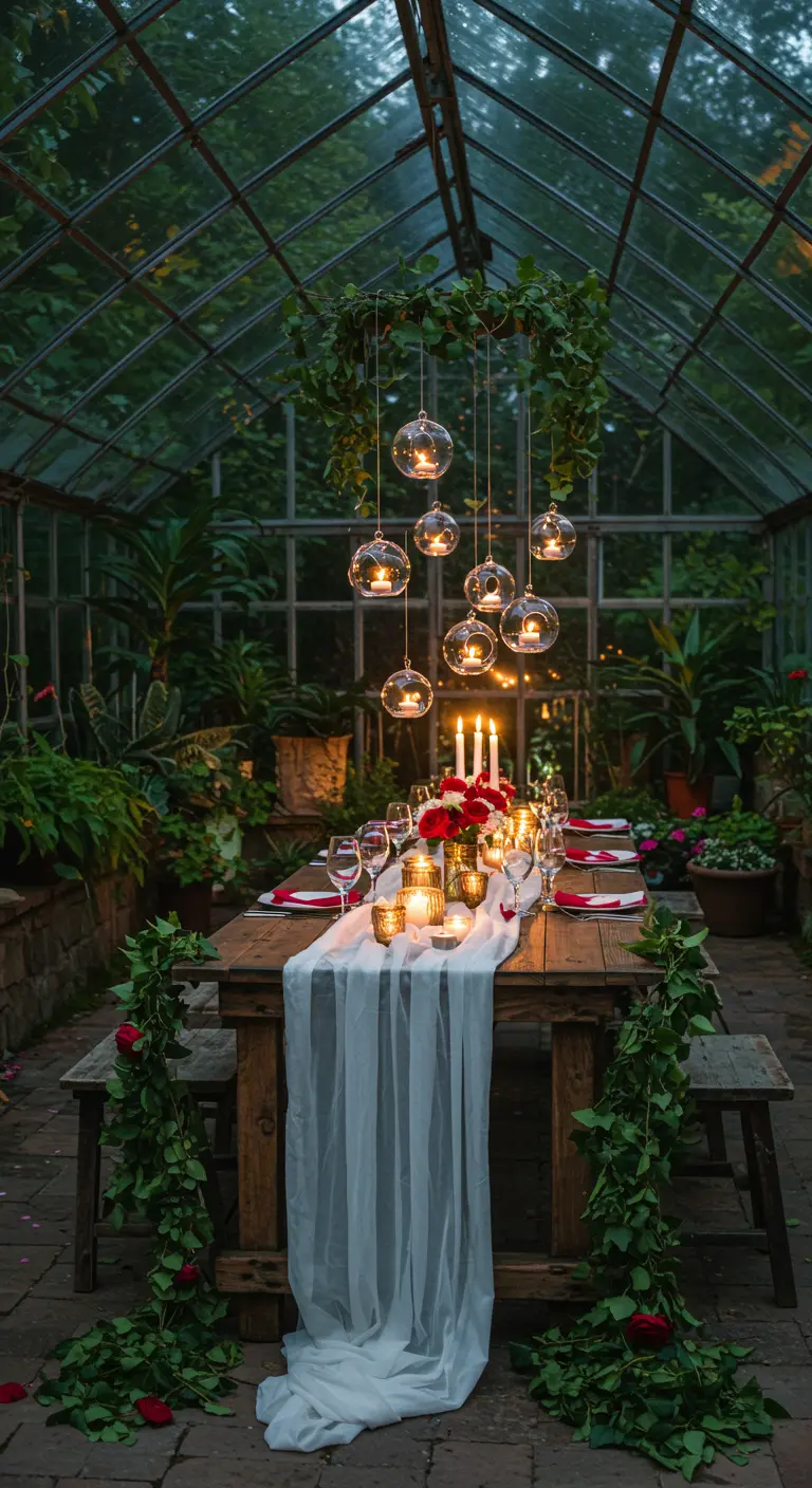 Mesa de comedor en un invernadero iluminada con velas colgantes y rodeada de plantas.