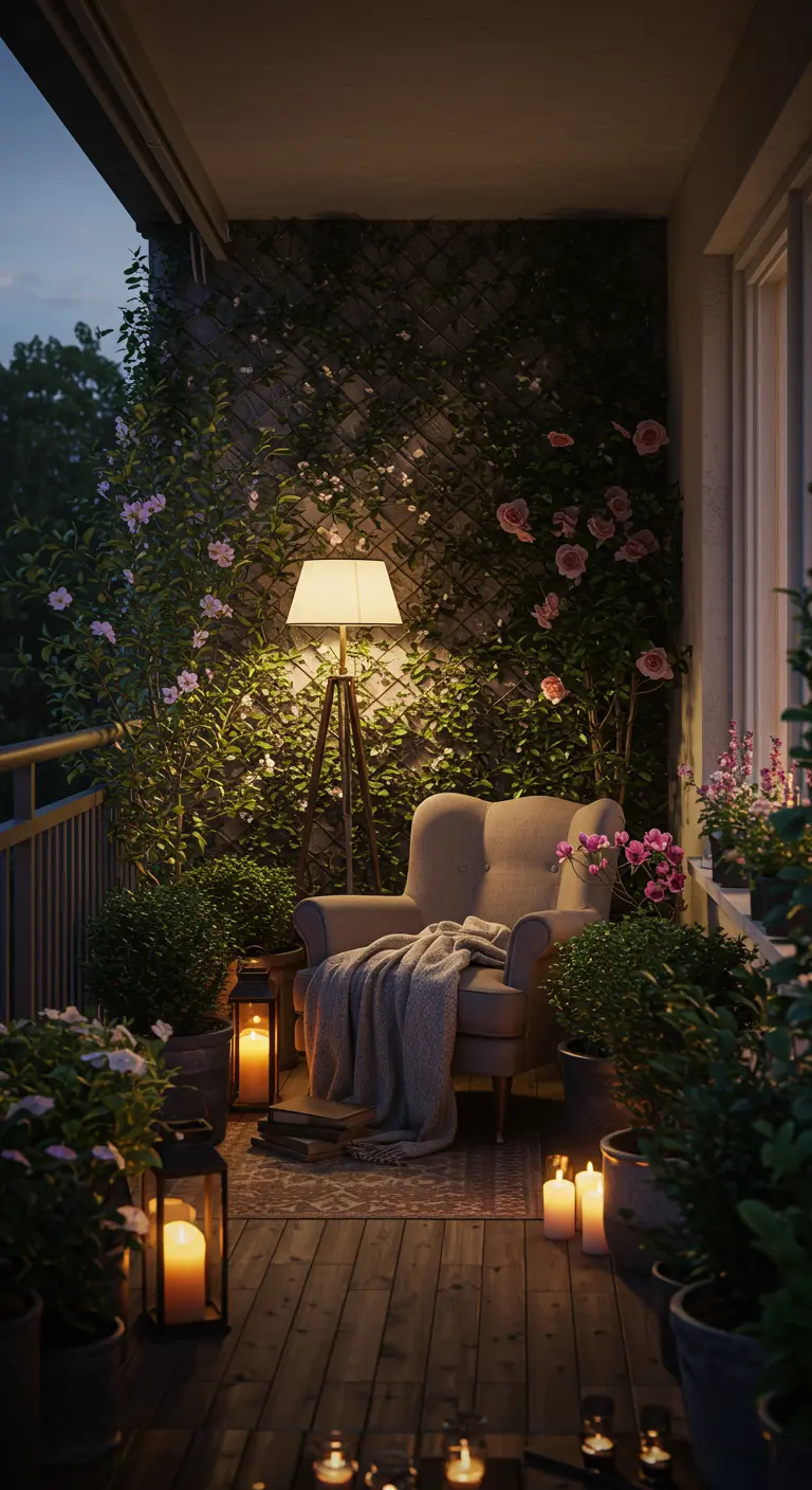 Sillón cómodo en un balcón rodeado de plantas trepadoras, macetas y luz de faroles.