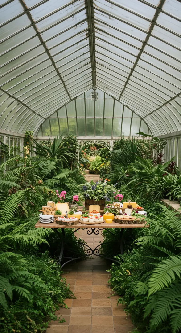 Mesa de quesos en un invernadero lleno de helechos y plantas.