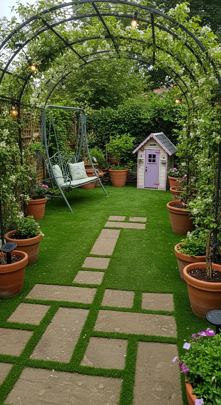 Jardín de estilo romántico con un arco de metal, un columpio, una casita de juegos y un camino de losas.