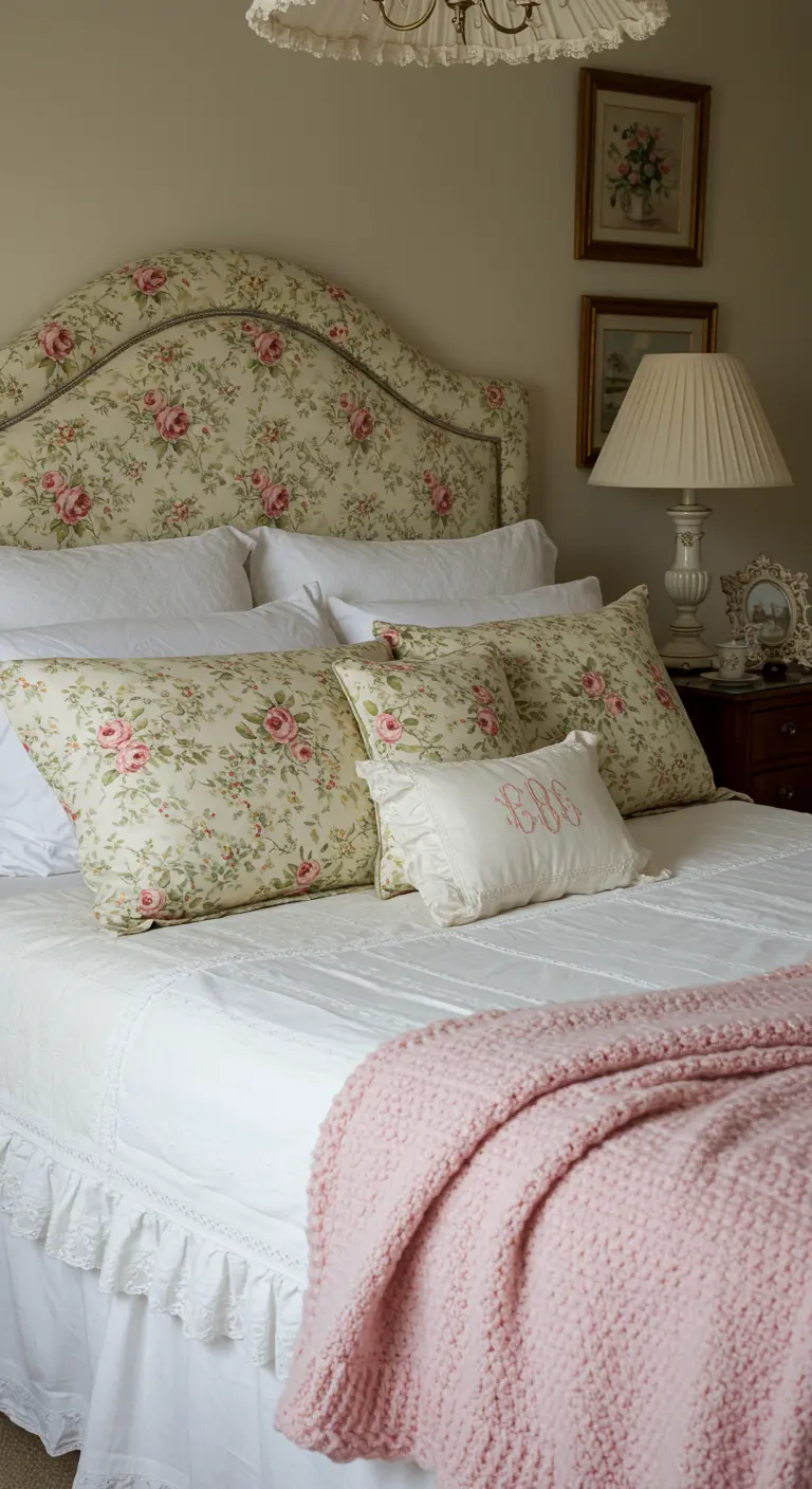 Dormitorio shabby chic con cabecero floral, cojines a juego y manta de punto rosa.