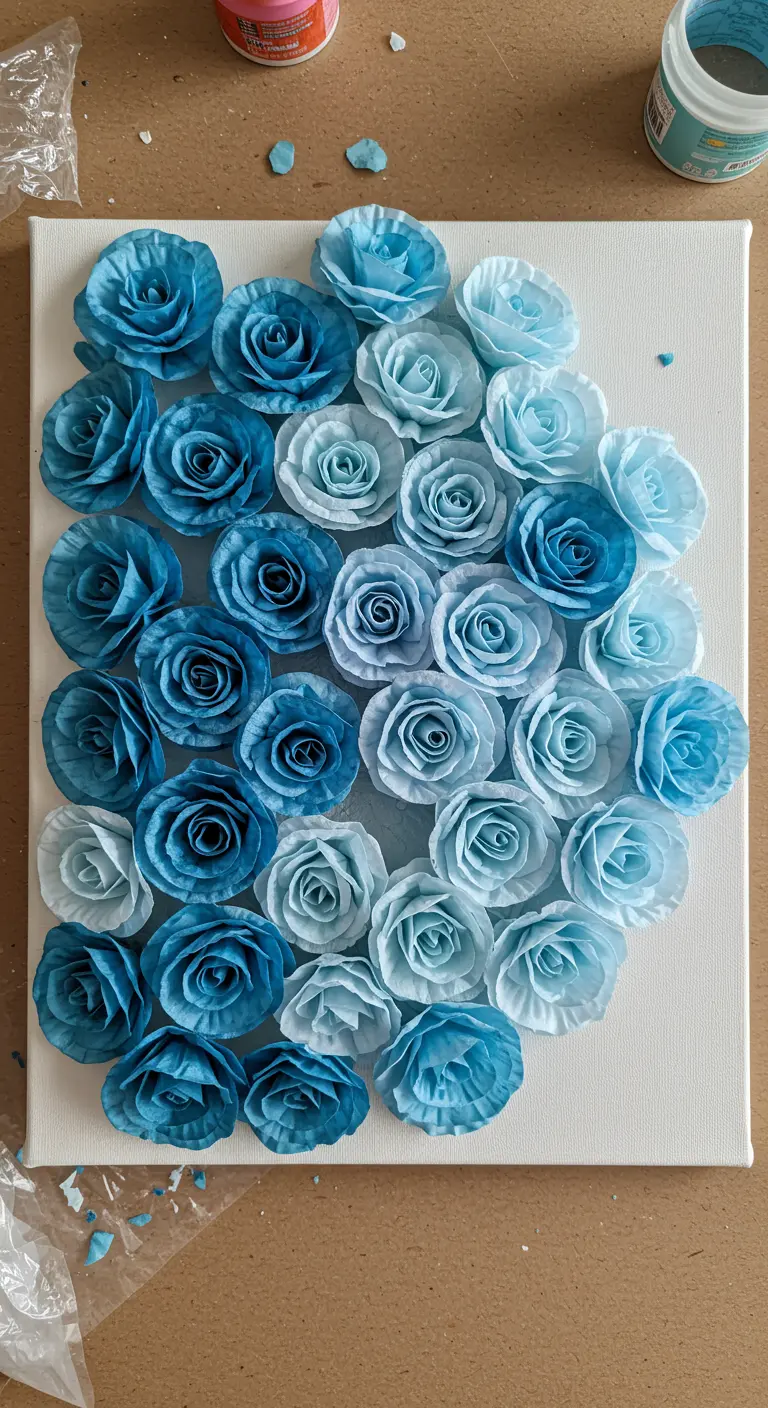 Lienzo blanco cubierto de rosas de papel hechas a mano en un degradado de tonos azules.
