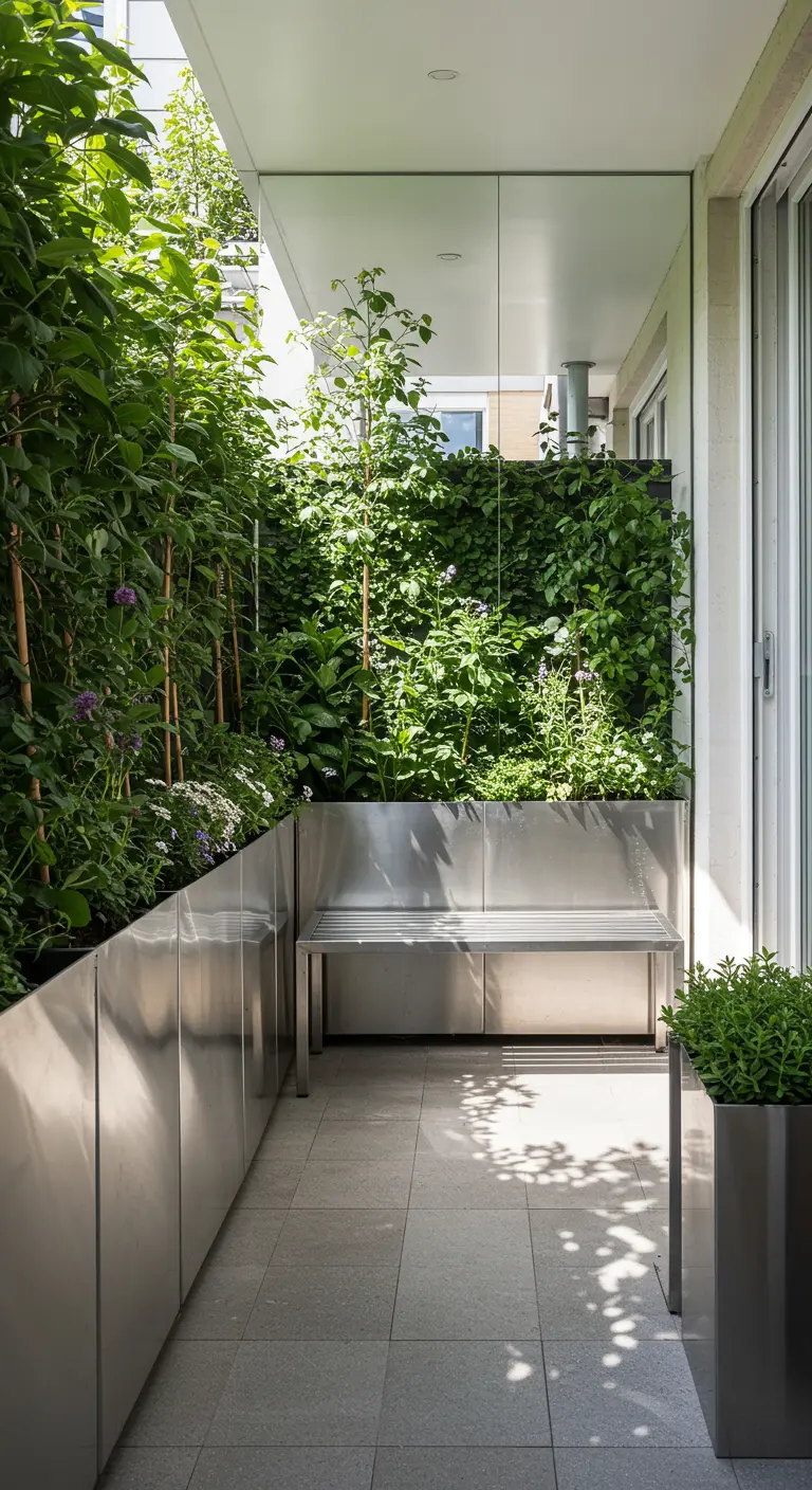 Balcón moderno con grandes jardineras de acero inoxidable, un banco a juego y abundante vegetación.