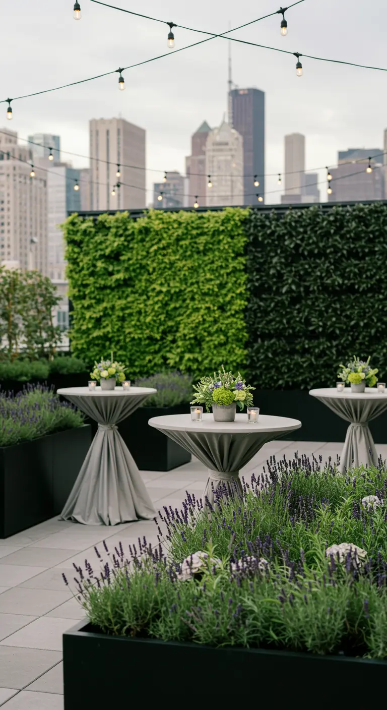 Mesas altas en una azotea urbana con lavanda y vistas a la ciudad.