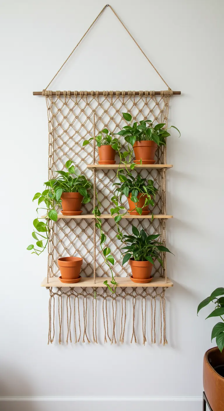 Estantería colgante de macramé con cuatro baldas de madera y varias plantas de interior.