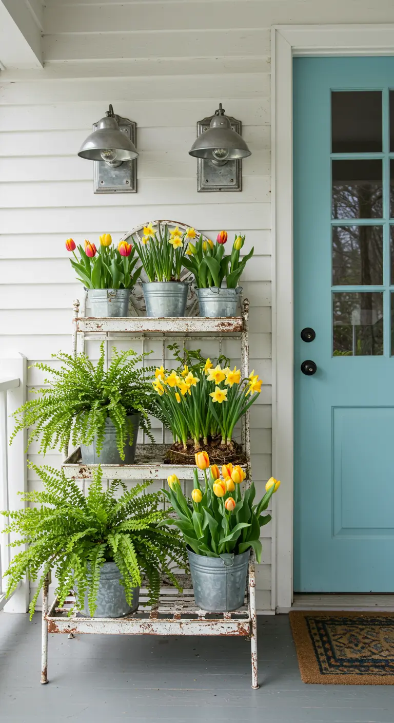 Estantería de hierro blanco oxidada llena de narcisos y tulipanes en cubos de zinc, junto a una puerta azul.