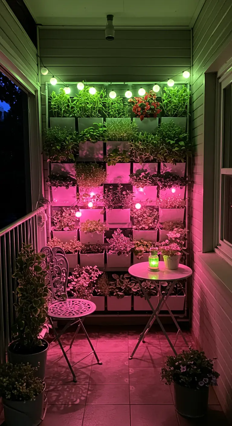 Balcón pequeño con un jardín vertical en la pared, iluminado con luces de crecimiento rosas y una guirnalda